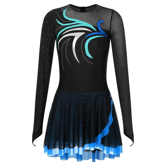 ZDHoor Ice Figure Skating Dress Women Skate Competition Custume Performance Ballet Lyrical Dance Dress Blue Green XL