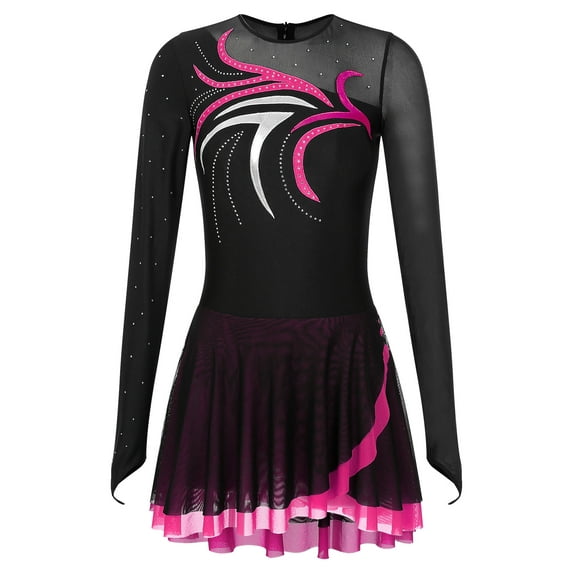 ZDHoor Ice Figure Skating Dress Women Skate Competition Custume Performance Ballet Lyrical Dance Dress Hot Pink S