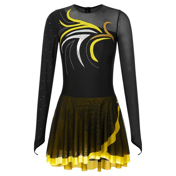 ZDHoor Ice Figure Skating Dress Women Skate Competition Custume Performance Ballet Lyrical Dance Dress Yellow XL