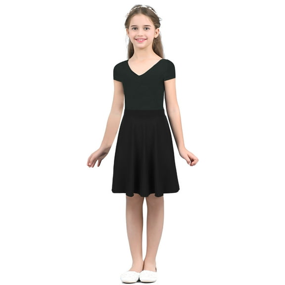ZDHoor Kids Big Girl's Casual Modest Lightweight Stretchy Knee Length Full A-Line Skater Skirt Black 8