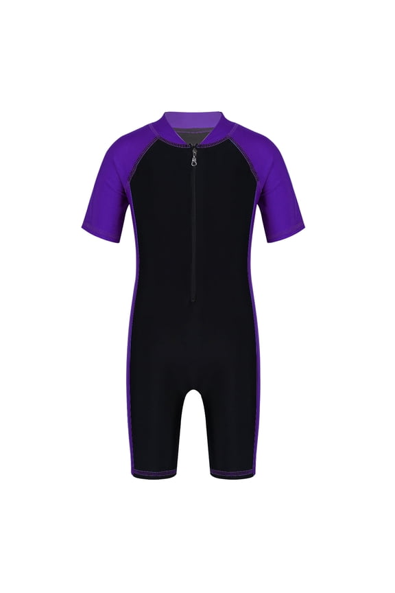 Kids Boys Girls One Piece Short Sleeves Zippered Rash Guard Shorty Wetsuit Swimsuit Bathing Suit Purple&Black 10