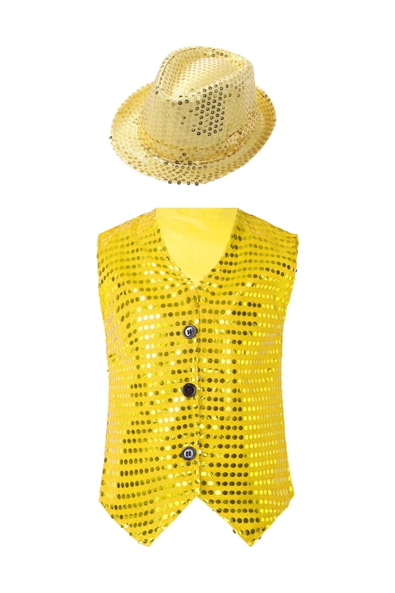 Kids Boys Juniors Sequins Sleeveless Jazz Hip Hop Dance Vest Tops Dancewear Yellow 130