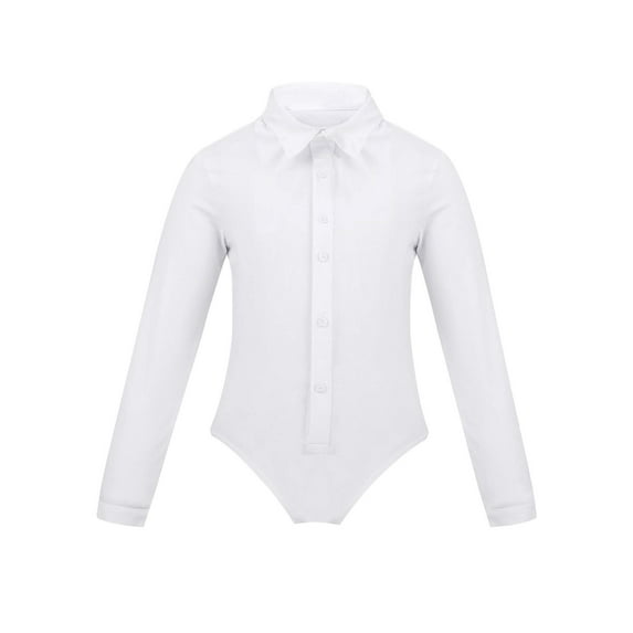 ZDHoor Kids Boys One-Piece Latin Dance Leotard Long Sleeve Shirt Romper Dancewear White 8