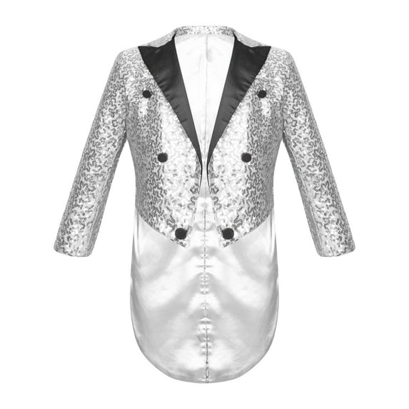 ZDHoor Kids Boys Overall Shiny Sequins Tailcoat Lapel Long Sleeve Blazer for Wedding Birthday Party Silver 14
