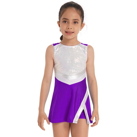 ZDHoor Kids Girls Cheers Outfit Uniform Sequins Sleeveless Tennis Sports Dress with Shorts Purple 14