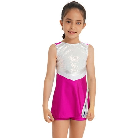 ZDHoor Kids Girls Cheers Outfit Uniform Sequins Sleeveless Tennis Sports Dress with Shorts Rose 4