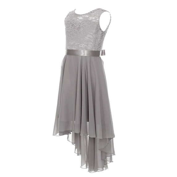 ZDHoor Kids Girls Floral Lace V Neck Junior Bridesmaid High Low Dress Wedding Party Pageant Ball Gown Grey 16