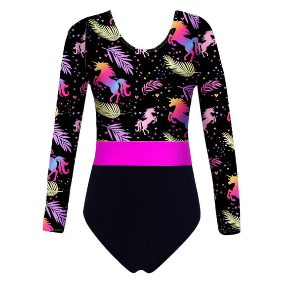 ZDHoor Kids Girls Gymnastics Yoga Leotard Long Sleeve Printed Patterns Ballet Dance Costume Leaves Black 10