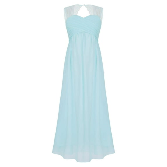ZDHoor Kids Girls Lace Pleated Junior Bridesmaid Wedding Party Dress Formal Maxi Ball Gown Sky Blue 16