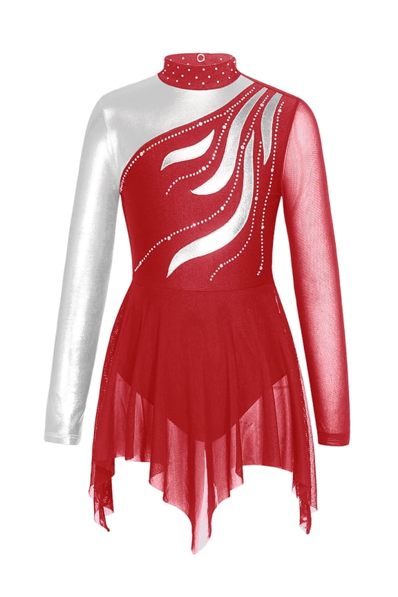 Kids Girls Long Sleeve Ballet Skirted Dance Leotard Hollow Back Figure Ice Skating Dress Burgundy-B 16