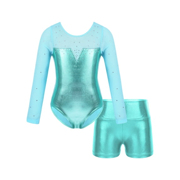 ZDHoor Kids Girls Long Sleeve Metallic Ballerina Leotard Sparkly Rhinestone Tulle Ballet Gymnastics Leotard Blue Green-A 4