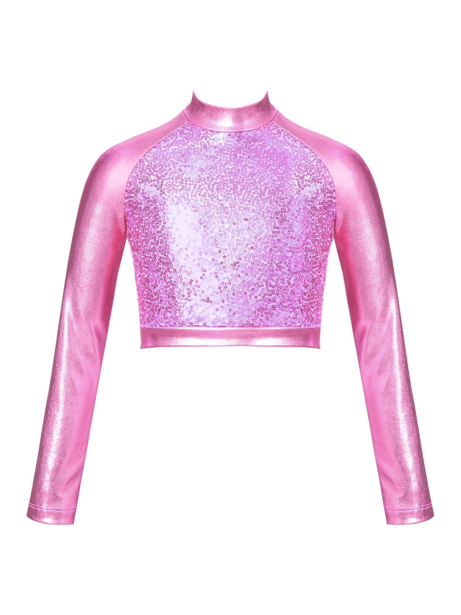 ZDHoor Kids Girls Long Sleeves Glossy Dance Crop Top Metallic Workout