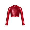thumbnail image 1 of ZDHoor Kids Girls Long Sleeves Glossy Dance Crop Top Metallic Workout Gymnastics Tops Red-A 14, 1 of 5