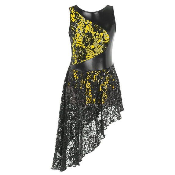 ZDHoor Kids Girls Lyrical Dance Dress Modern Ballet Costume Shiny Sequins Mesh High Low Skirt Yellow 14