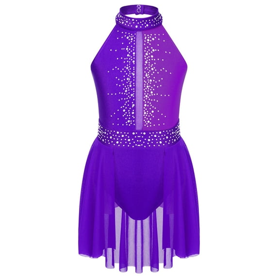 ZDHoor Kids Girls Lyrical Dance Dress Sleeveless Shiny Rhinestones Latin Jazz Leotard Dancewear Purple 10