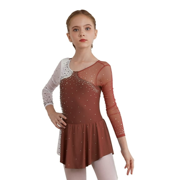 ZDHoor Kids Girls Shiny Rhinestone Mesh Tutu Figure Skating Dress,Sizes 6-16 Brown-B 10