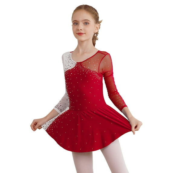 ZDHoor Kids Girls Shiny Rhinestone Mesh Tutu Figure Skating Dress,Sizes 6-16 Burgundy 8