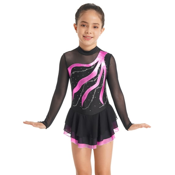 ZDHoor Kids Girls Shiny Rhinestone Mesh Tutu Figure Skating Dress,Sizes 6-16 Hot Pink 8