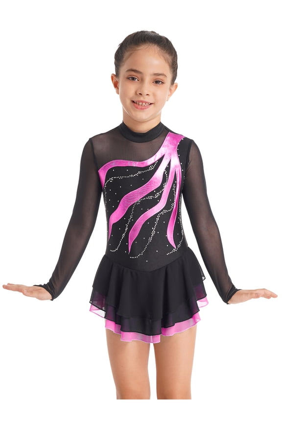 Kids Girls Shiny Rhinestone Mesh Tutu Figure Skating Dress,Sizes 6-16 Hot Pink 8