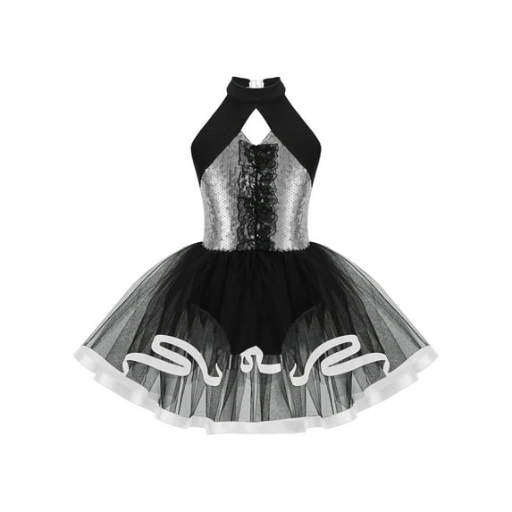 ZDHoor Kids Girls Shiny Sequined Ballet Tutu Dress Modern Jazz Latin Dance Costume,Sizes 4-14 Silver 6
