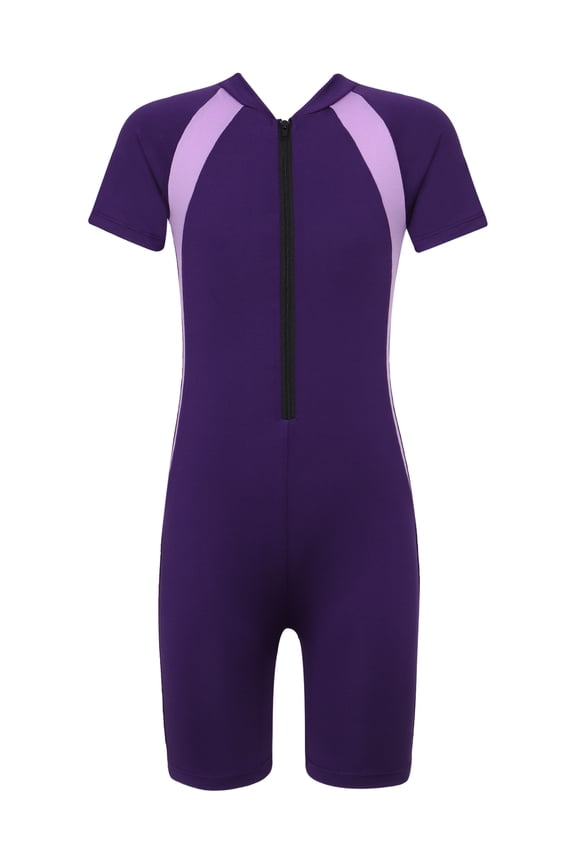 Kids Girls Short Sleeve Swimming Surfing Jumpsuit Zippered One Piece Rash Guard,Sizes 8-16 Purple 14-16