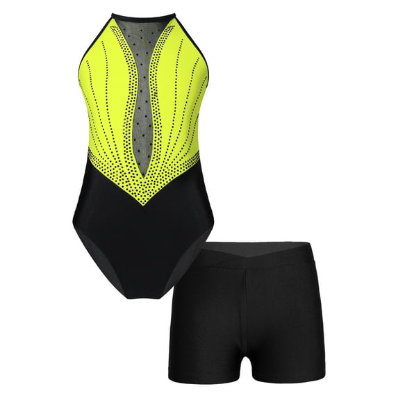 ZDHoor Kids Girls Sleeveless Patchwork Printed Leotard with Bike Shorts for Dance Gymnastics Training Yellow-C 7-8