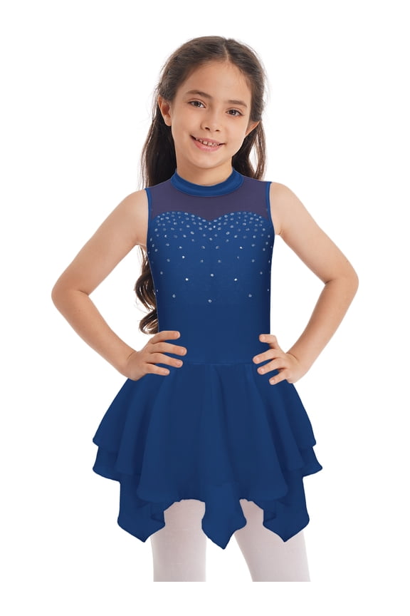 Kids Girls Sparkling Rhinestones Ballet Skirted Leotard Figure Ice Skating Dress Navy Blue-A 16