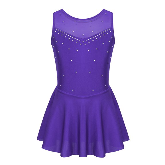 ZDHoor Kids Girls Sparkling Rhinestones Ballet Skirted Leotard Figure Ice Skating Dress Violet 14
