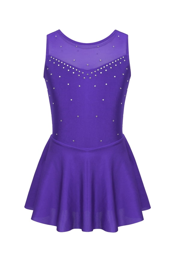 Kids Girls Sparkling Rhinestones Ballet Skirted Leotard Figure Ice Skating Dress Violet 14