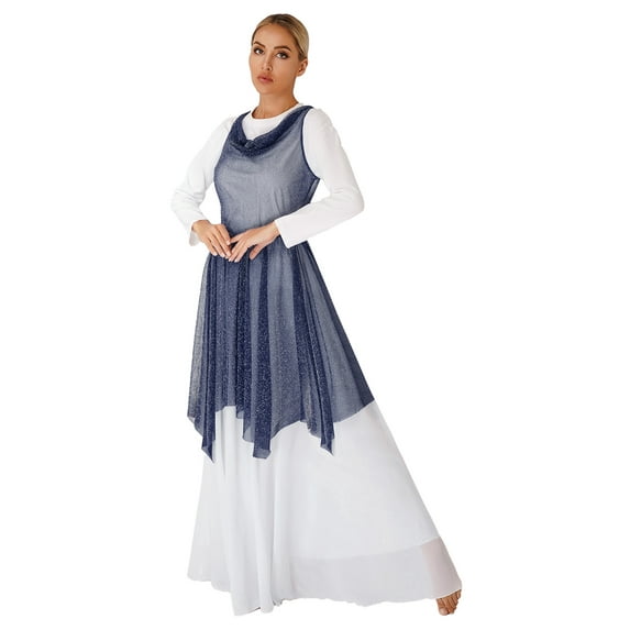 ZDHoor Lyrical Dance Dress for Women Asymmetrical Praise Dance Tunic Overlay Worship Costume Navy Blue M