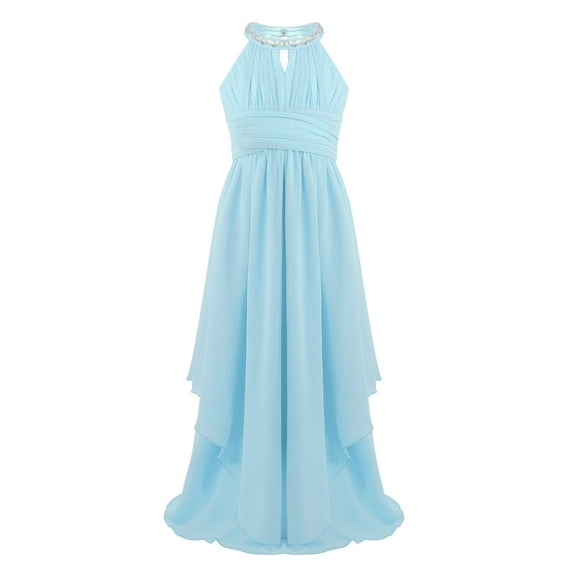 ZDHoor Maxi Flower Girl Dress Sequined Halter Neck Ruched Chiffon Party Wedding Formal Dress Light Blue 12