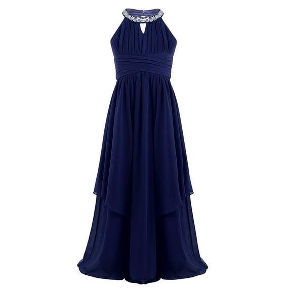 ZDHoor Maxi Flower Girl Dress Sequined Halter Neck Ruched Chiffon Party Wedding Formal Dress Navy lue 14
