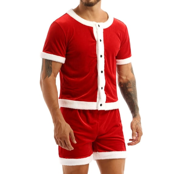 ZDHoor Mens Velvet Christmas Santa Costume Outfit Short Sleeve Top and Elastic Waistband Shorts Red XX-Large