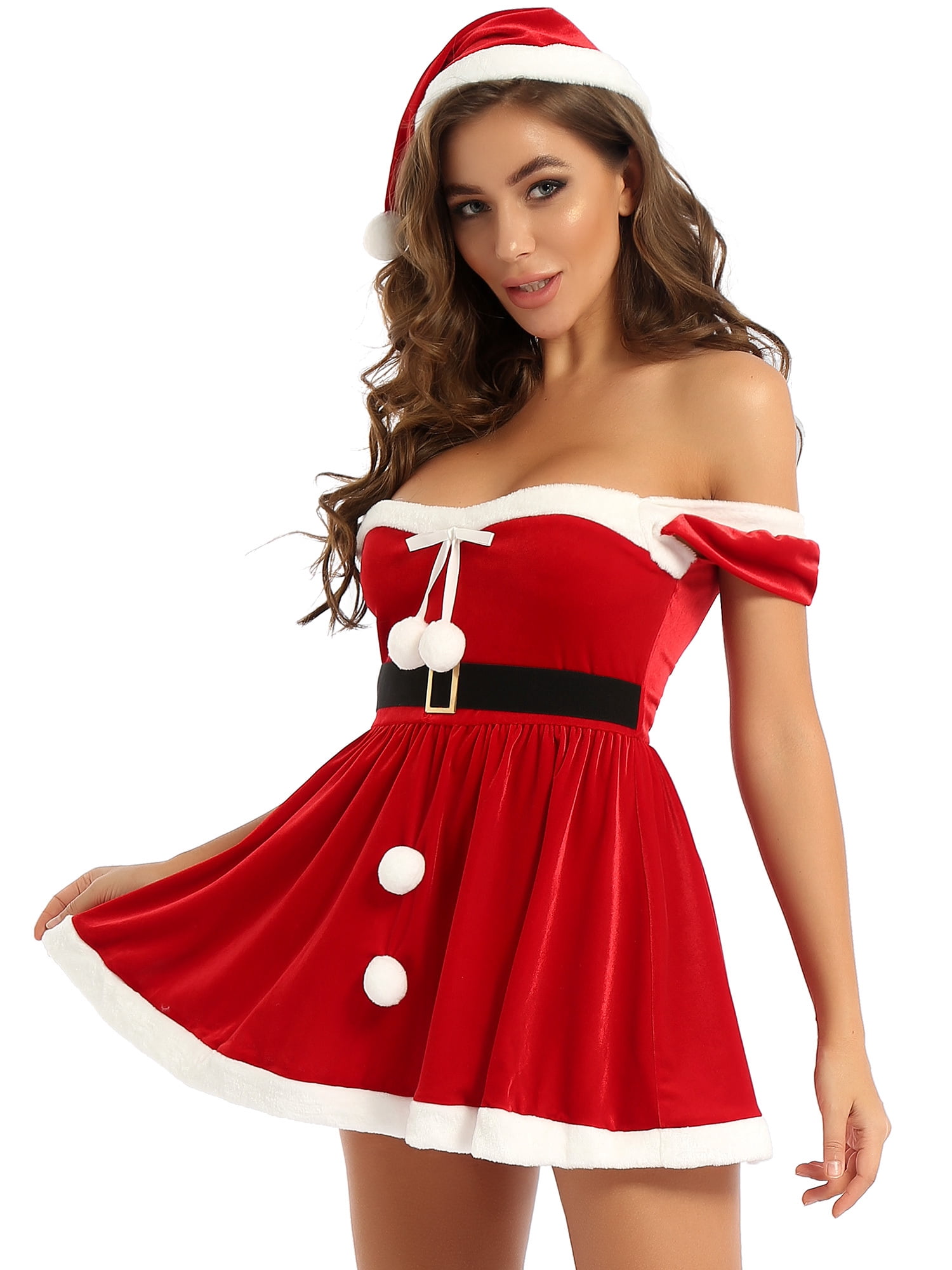 ZDHoor Women Mrs. Claus Santa Christmas Costumes Dress Outfits with Hat Sleeveless Skirt Party Dress Red-A L