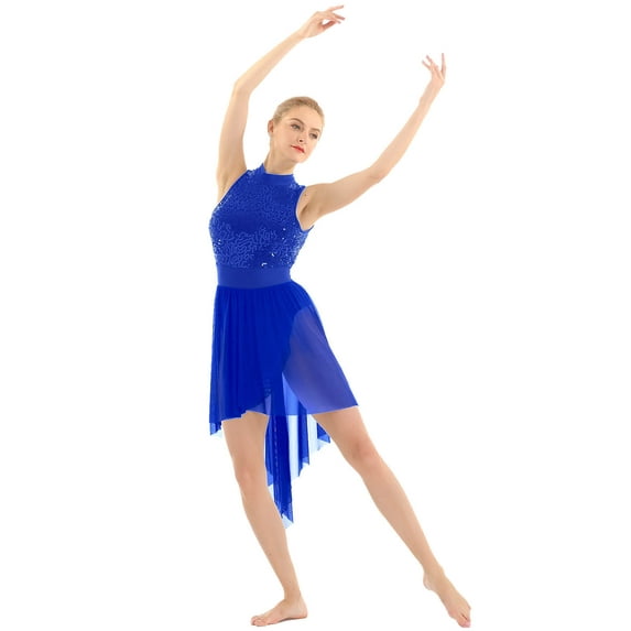 ZDHoor Women Sleeveless Backless Sequined High Low Mesh Bodysuit Ballet Lyrical Dance Costumes Dress Blue X-Small