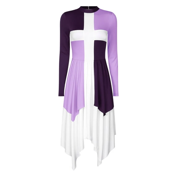 ZDHoor Women's Color Block Cross Praise Dance Dress Layered Worship Liturgical Dance Costume Purple XL