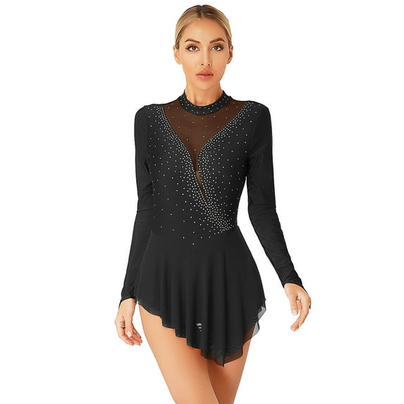 ZDHoor Women's Figure Ice Skating Dress Long Sleeve Shiny Rhinestones Roller Skating Lyrical Dance Costume Black XXL