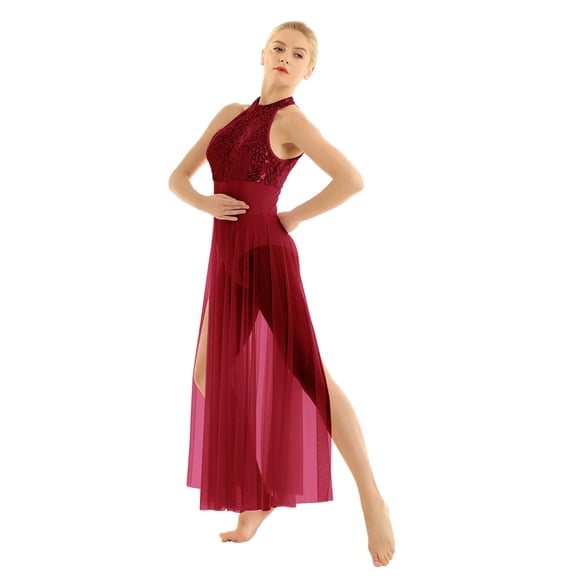 ZDHoor Women's Halter Sequin Dance Dress Leotard Lyrical Modern Ballet Dress Performance Dance Costumes Burgundy Large