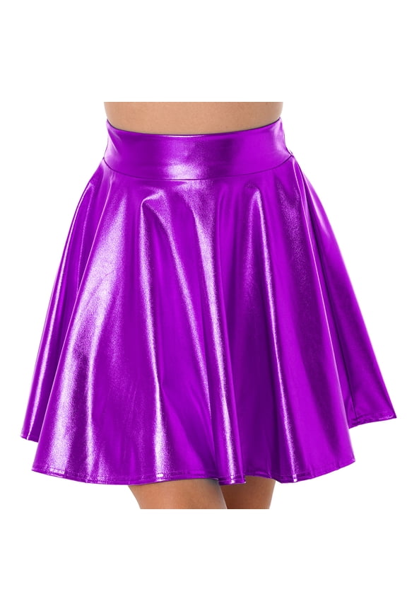 Women's High Waist Metallic Skirt Shiny Holographic Y2k Party Flared Pleated Skater Skirts Purple XL