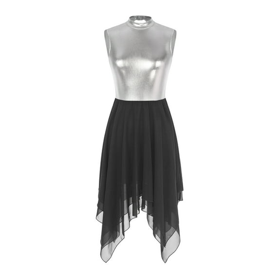 ZDHoor Women's Metallic Color Block Praise Lyrical Dance Dress Liturgical Worship Tunic Irregular Hem Dancewear Black S