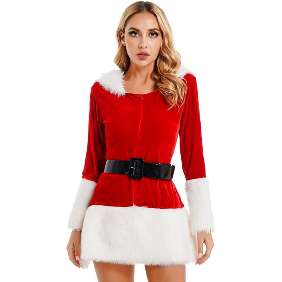 ZDHoor Women's Red Velvet Sweetie Mrs. Claus Christmas Santa Costume Fancy Dress with Dress Belt Red-A XL
