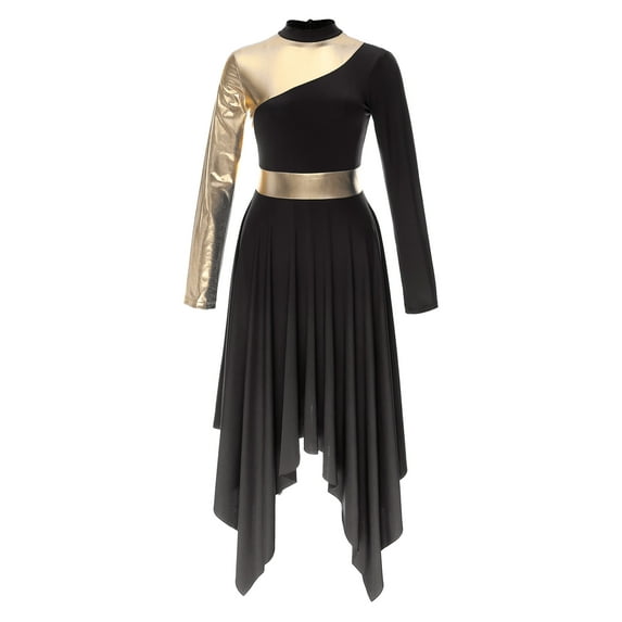 ZDHoor Womens Asymmetric Metallic Lyrical Praise Dance Costume Color Block Overlay Dress Black-A XXL