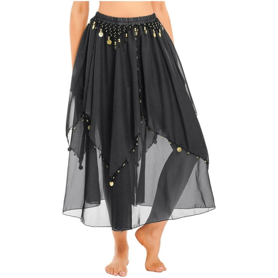 ZDHoor Womens Belly Dance Costume Sequins Beaded Chiffon Skirt Carnival Party Dancewear Black One Size