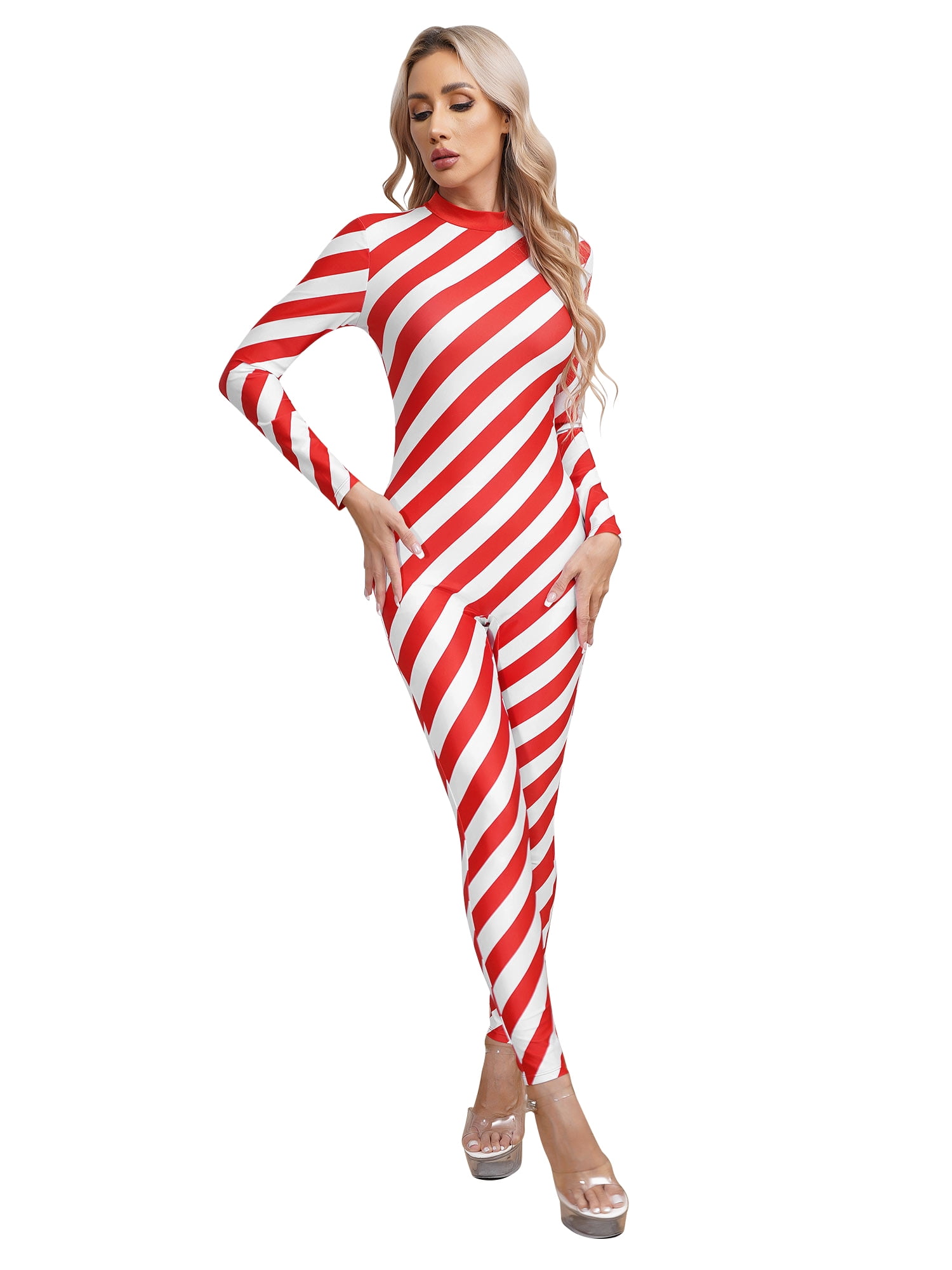 ZDHoor Womens Christmas Candy Cane Striped Long Sleeve Dance Unitard
