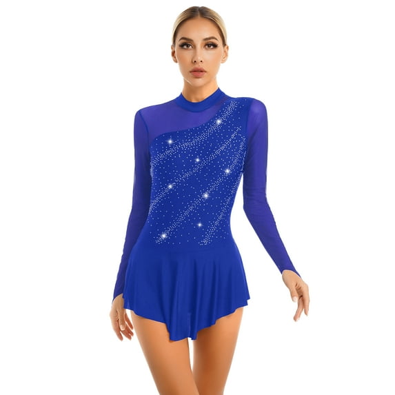ZDHoor Womens Figure Ice Skating Dancewear Glitters Mesh Patchwork Lyrical Dance Leotard Dress Royal Blue XXL