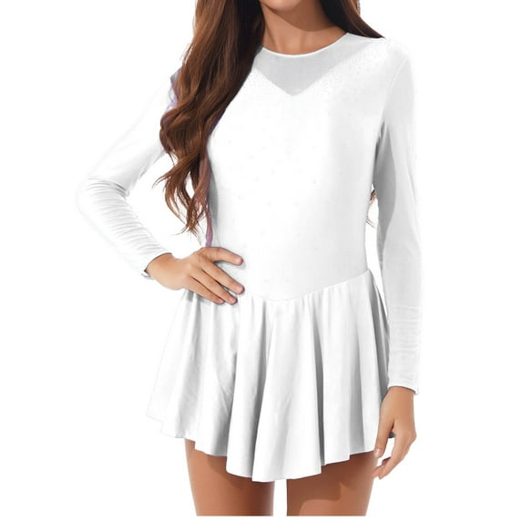 ZDHoor Womens Figure Ice Skating Dancewear Glitters Mesh Patchwork Lyrical Dance Leotard Dress White-B 3XL