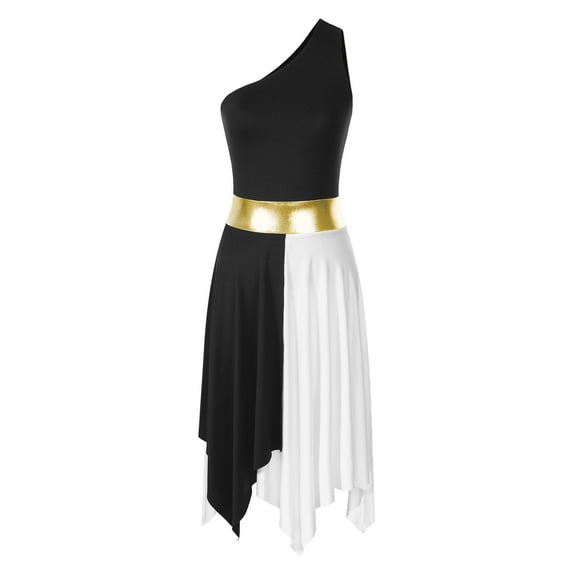 ZDHoor Womens One Shoulder Color Block Lyrical Liturgical Dance Dress Asymmetrical Hem Dresses Black M