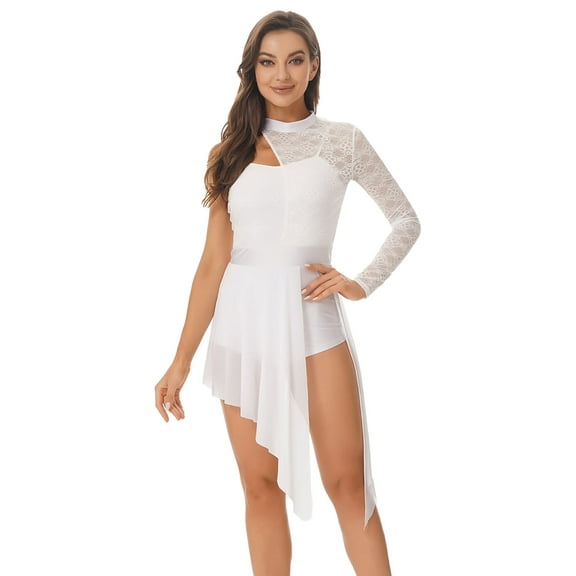 ZDHoor Womens One Shoulder Long Sleeve Lyrical Dance Leotard Sheer Lace Split Mesh Skating Leotard Dress White S