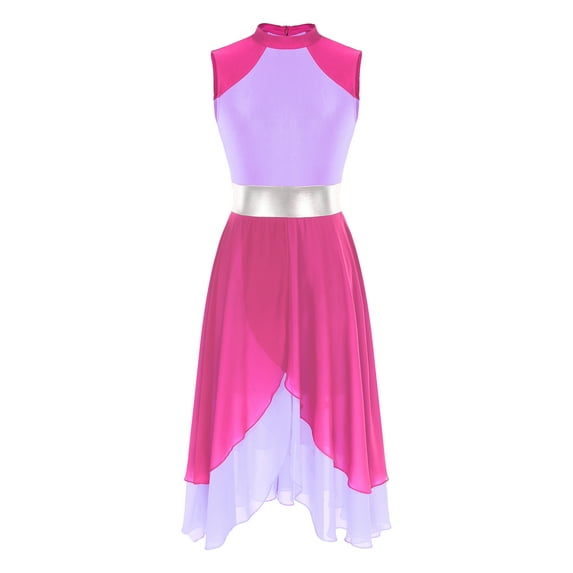 ZDHoor Womens Tunic Sleeveless Color Block Dance Dress Liturgical Praise Worship Dance Costume Hot Pink&Light Purple L