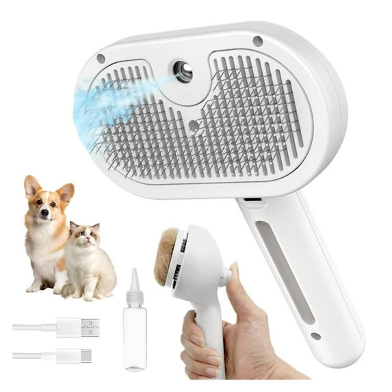 ZDM 3 In 1 Self Cleaning Steamy Pet Brush - Anti-Static, Grooming Tool for Long and Short Hair Pets, Removes Loose Hair and Reduces Shedding, White